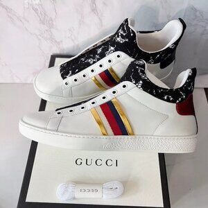 Gucci Ace Ayers Sylvie Lace Web Stripe High Top Sneaker White Leather EU 38.5